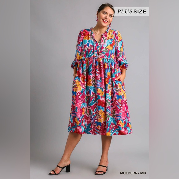 Umgee Full Size Floral Print Tie Neck Midi Dress with Pockets Plus Size🆕 - Picture 7 of 8